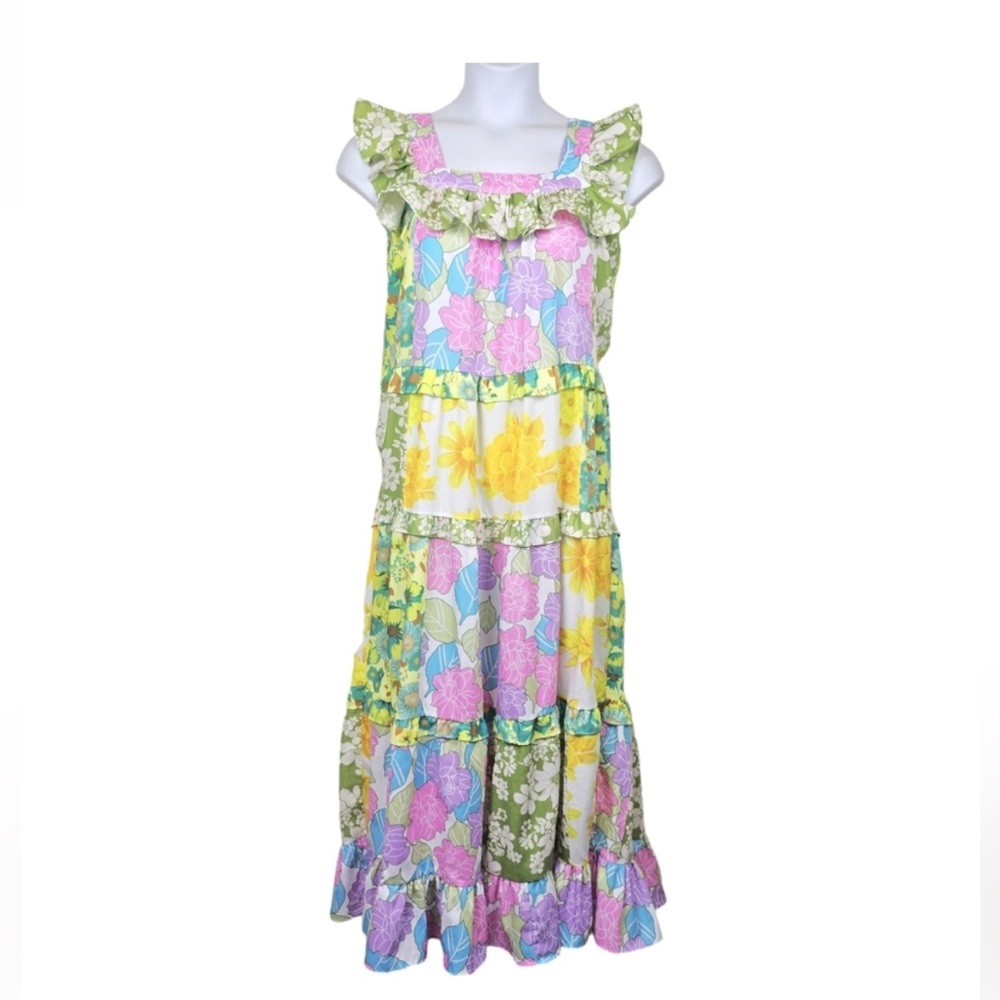 Dalia MacPhee Womens Multicolor Floral Pastoral Patchwork Midi Dress Size M